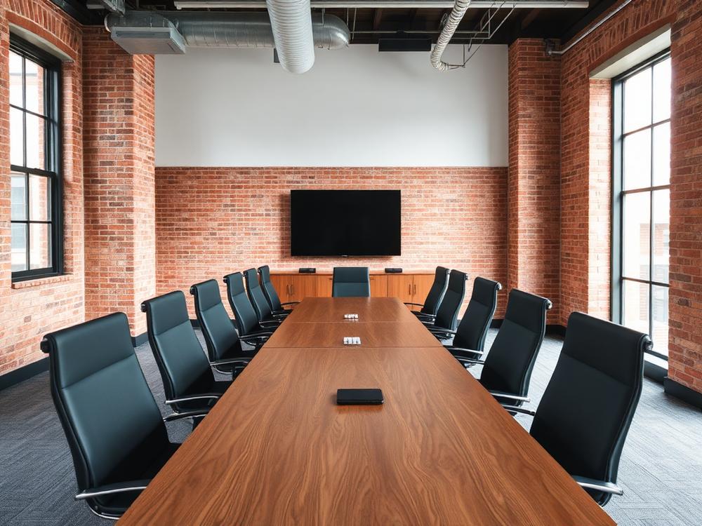Shared conference room with a long table and wall display available to suite tenants in Atlanta