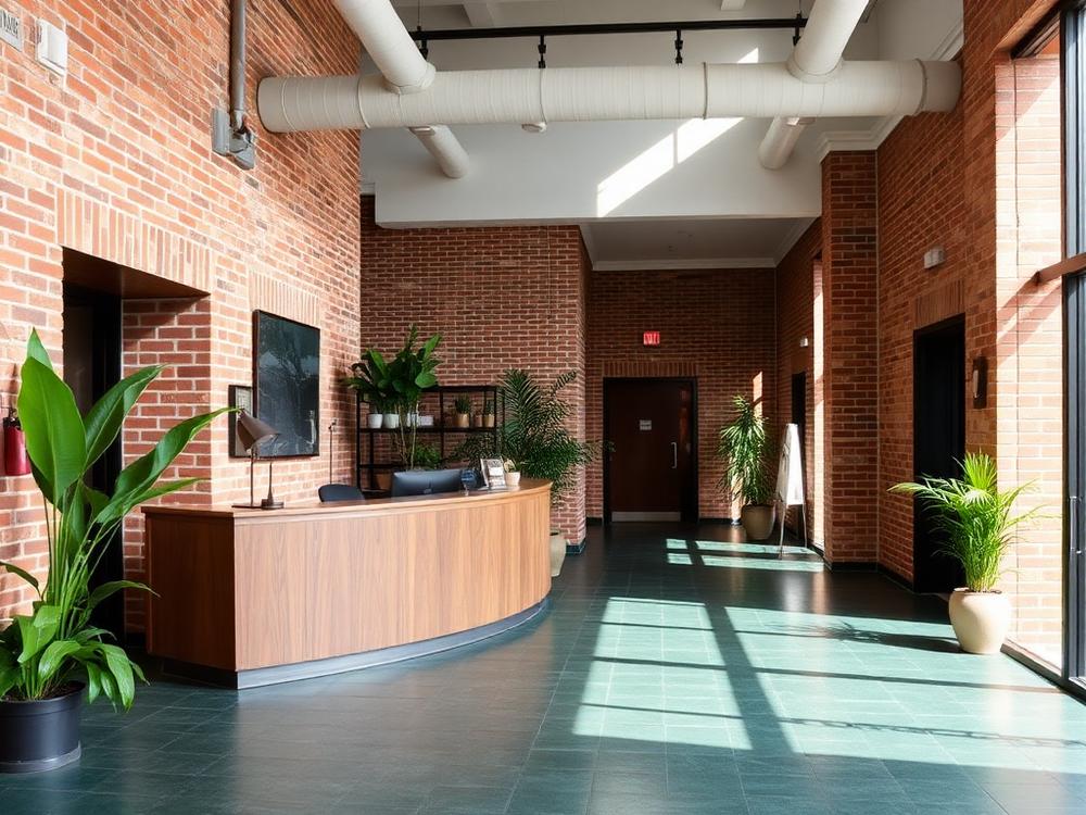 Reception and front desk lobby of the shared Atlanta business building housing private suites