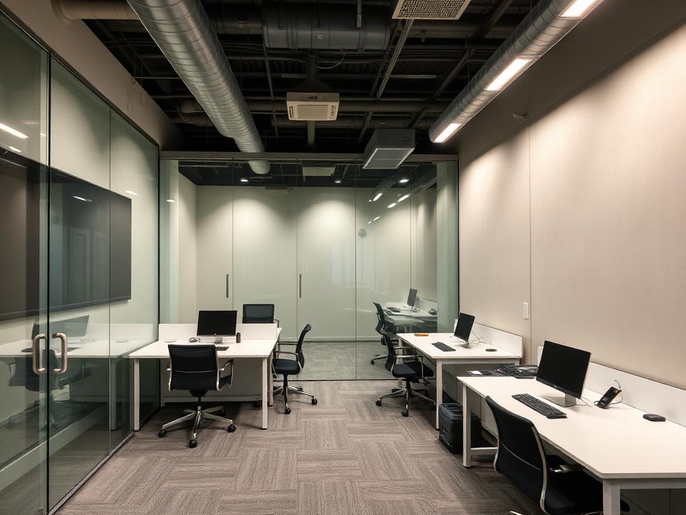 Medium private office suite with four desks and a glass partition in a shared Atlanta office building